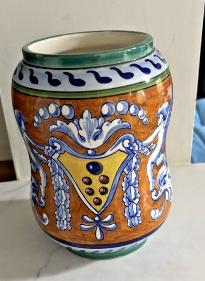 Vintage Italian Raffaellesco Maiolica Pottery Albarello Pharmacy Drug Jar cherub