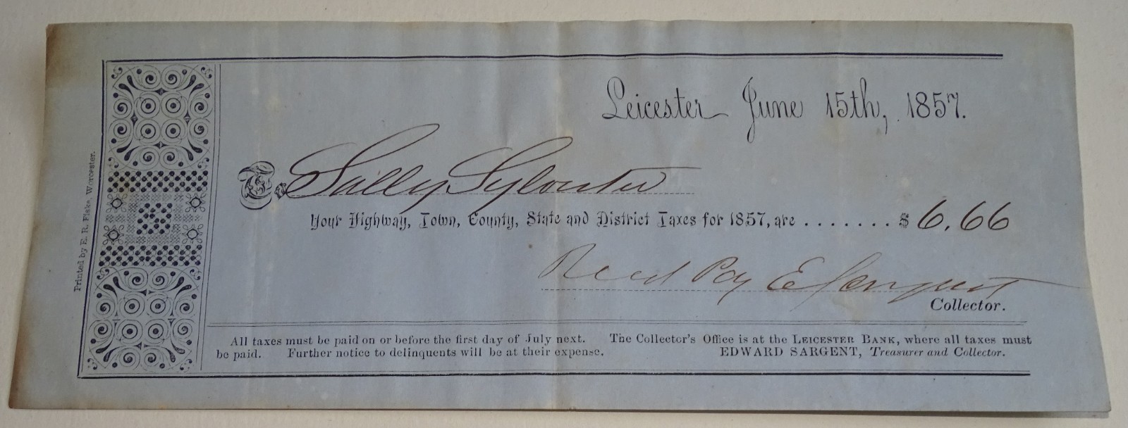 1857 Leicester Massachusetts Tax Receipt (like Bank Check)