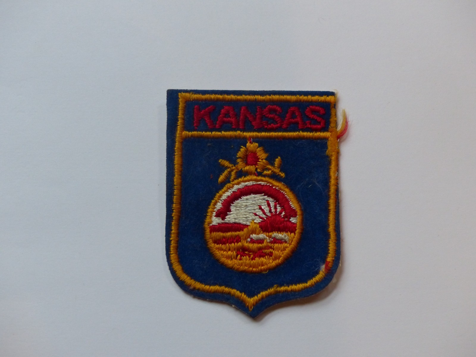 Used Vintage Kansas Travel Souvenir Embroidered Felt Shield Shaped Patch