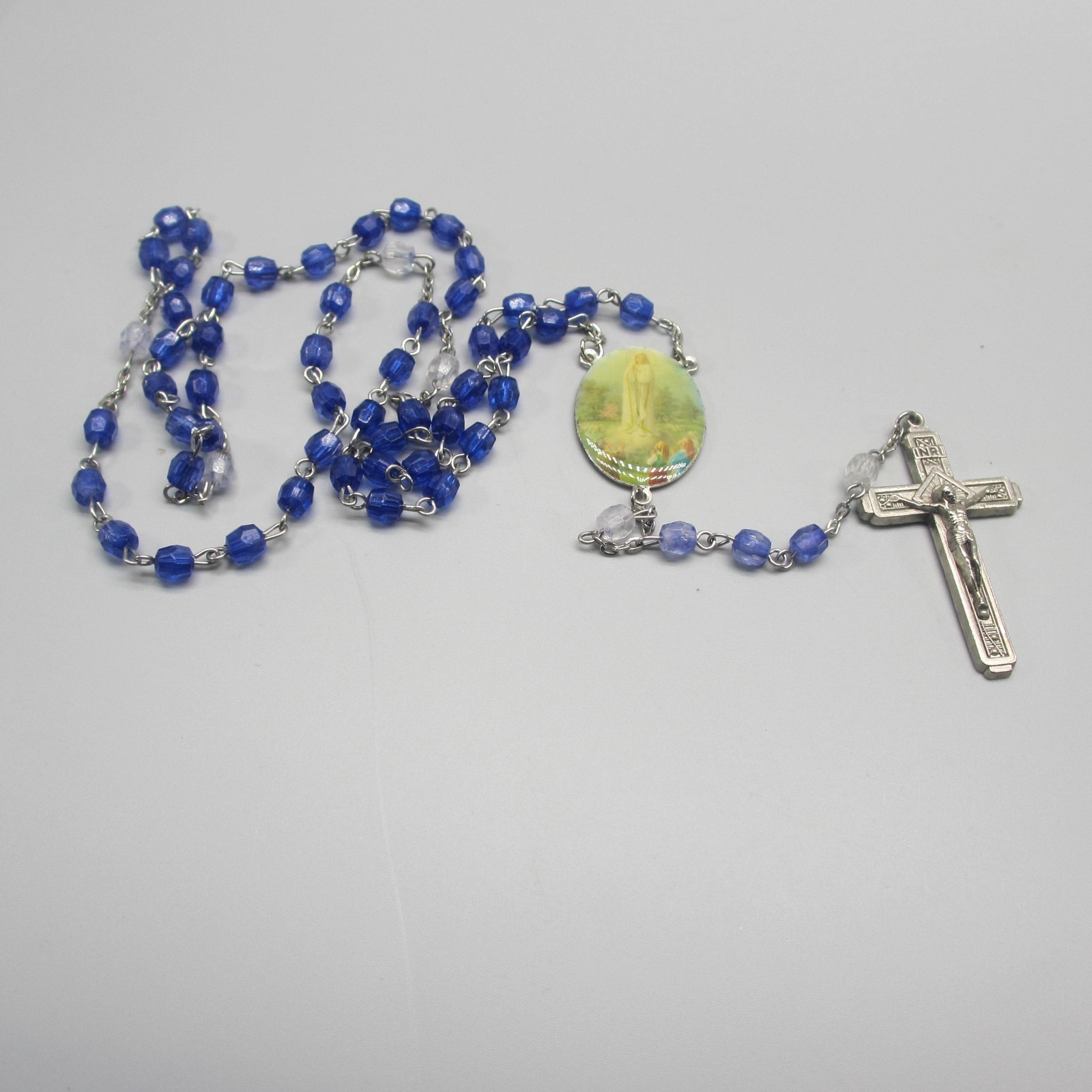 Vintage Fatima Rosary Blue Acrylic Beads Silver Tone