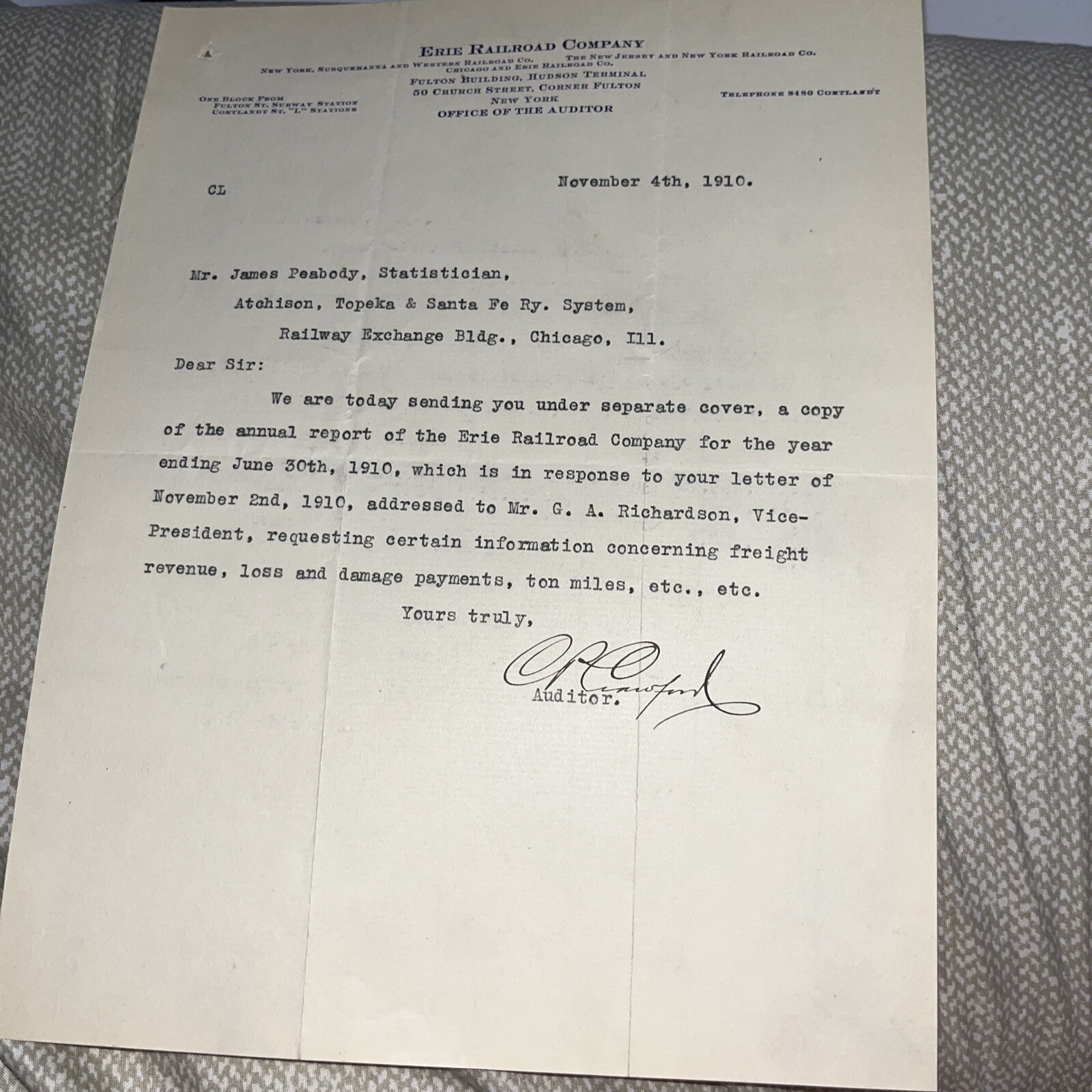 Signed Antique 1910 Letter Erie Railroad Auditor to Topeka Santa Fe Railway