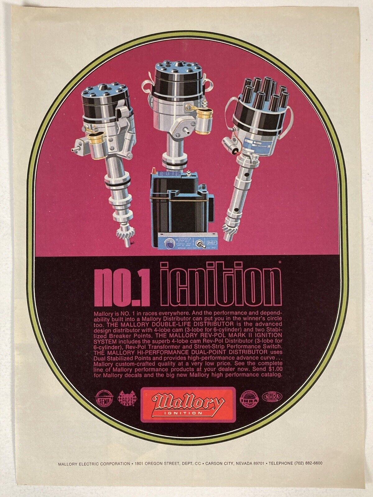 1973 Mallory No. 1 Ignition Print Ad Double Life Distributor Dual Point Rev Pol