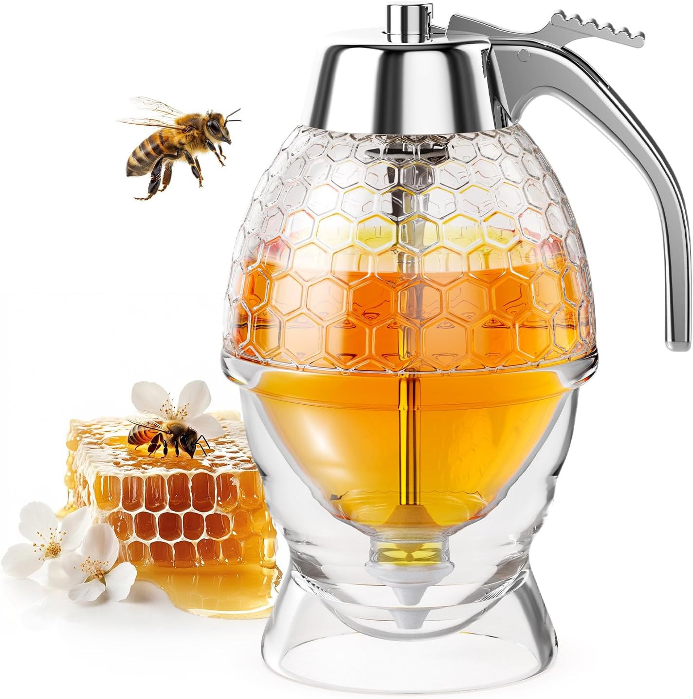 Honey Dispenser No Drip Glass 8 Oz with Plastic Top, Beautiful Honeycomb Shaped