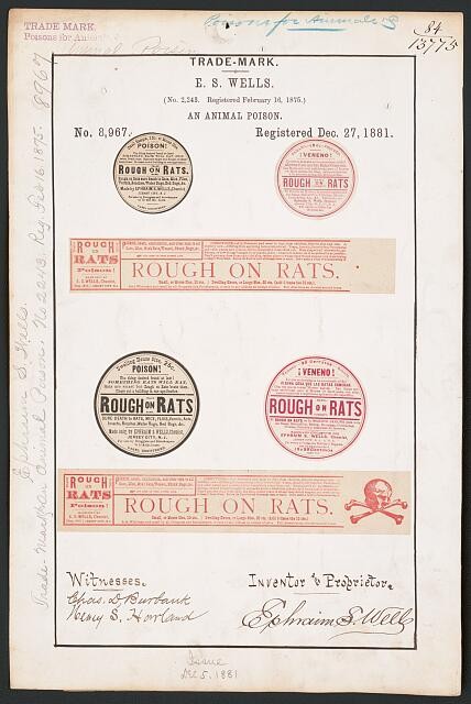 Photo:E S Wells Rough on Rats Trademark Registration 1881 Animal Poison