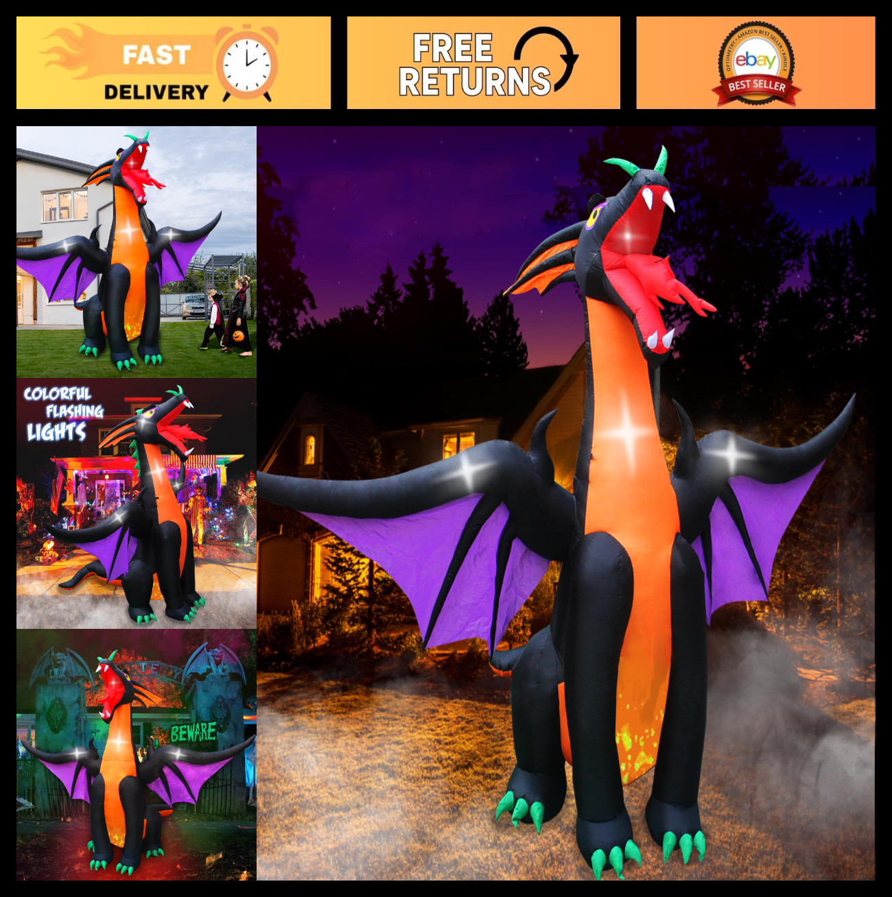 12FT Inflatable Fire & Ice Dragon with Wings - Halloween Yard Decoration for Par