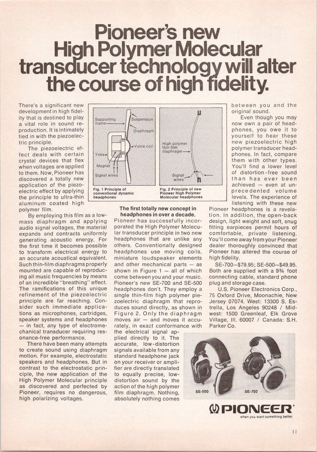 Pioneer SE-700 SE-500 High Polymer Molecular Headphones Print Ad 1974