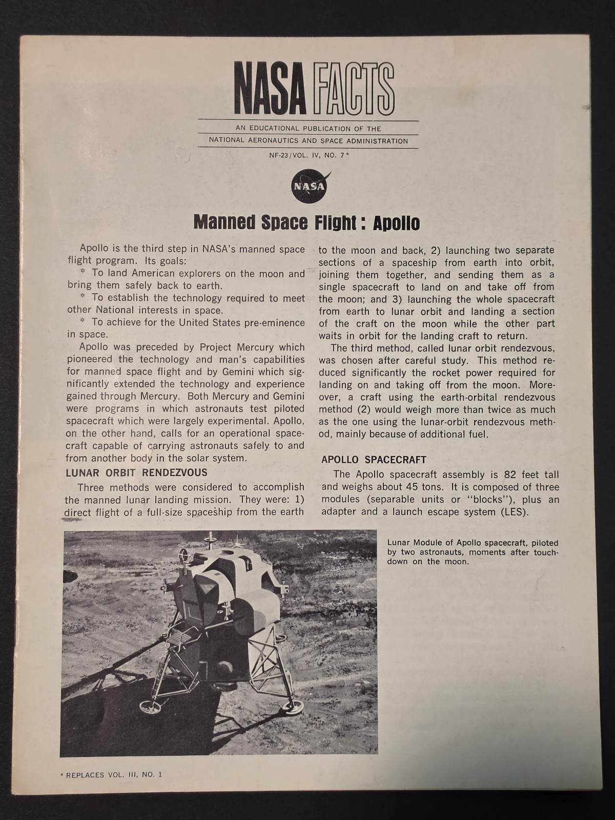 1967 NASA FACTS Manned Space Flight Apollo NF-23 Vol IV No 7 Moon Program Vintag