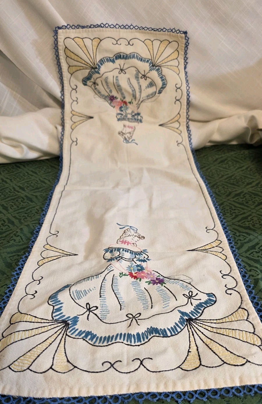 vintage hand embroidered table, runner colonial dame with tatted edge 32\