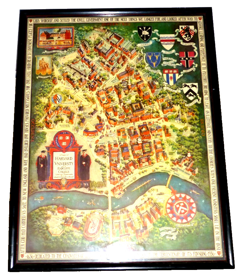 ILLUSTRATED ANTIQUARIAN MAP HARVARD UNIVERSITY CAMBRIDGE MASS BY SCHRUERS 1935