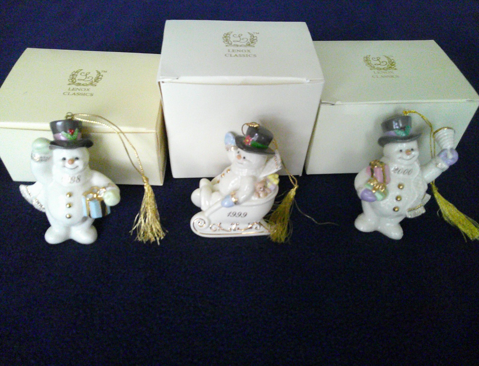 Lot 3 Vint LENOX Christmas Ornaments 1998, 1999, 2000 Boxed