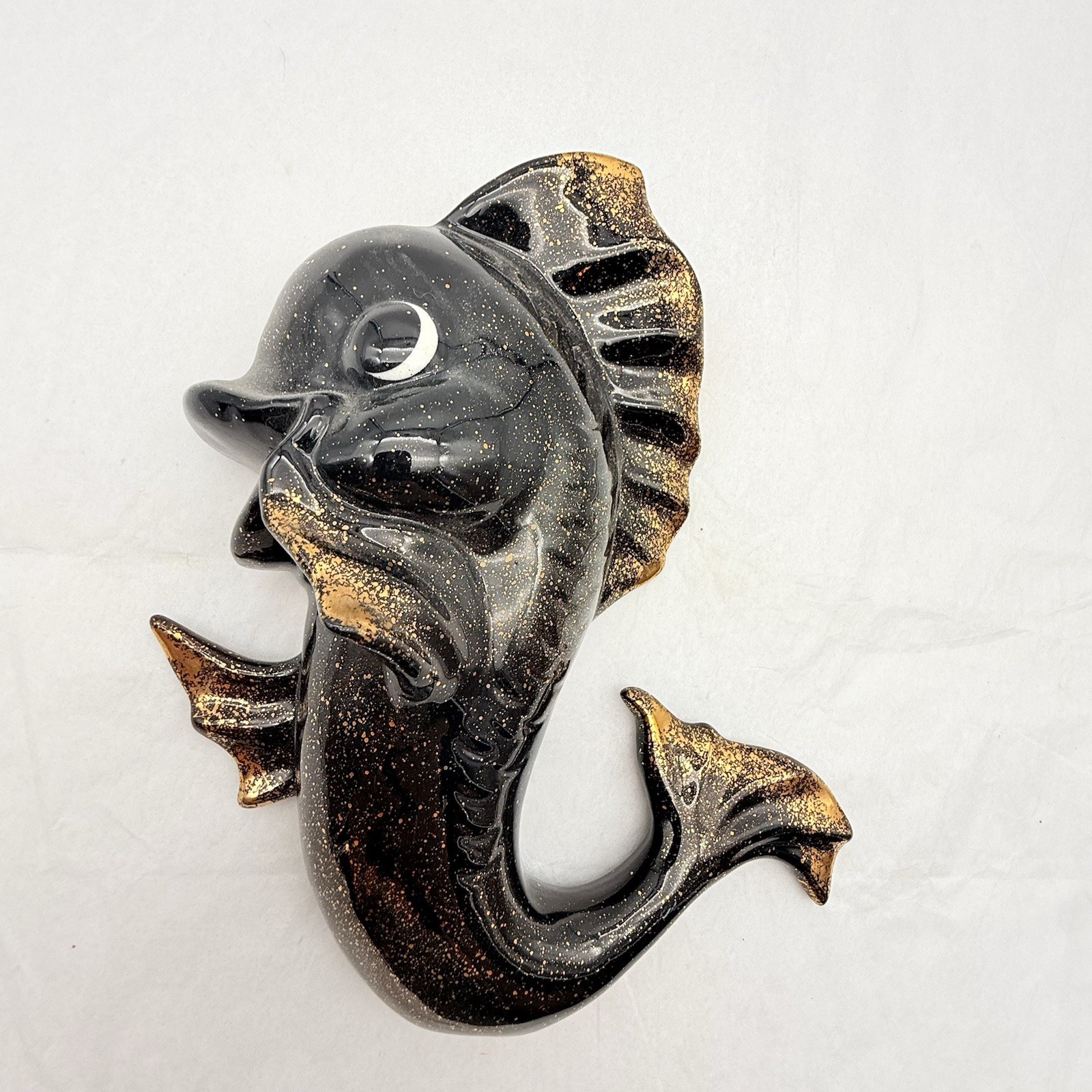 Fish Wall Pocket  Black Gold Ceramic Anthropomorphic Vintage Kitsch