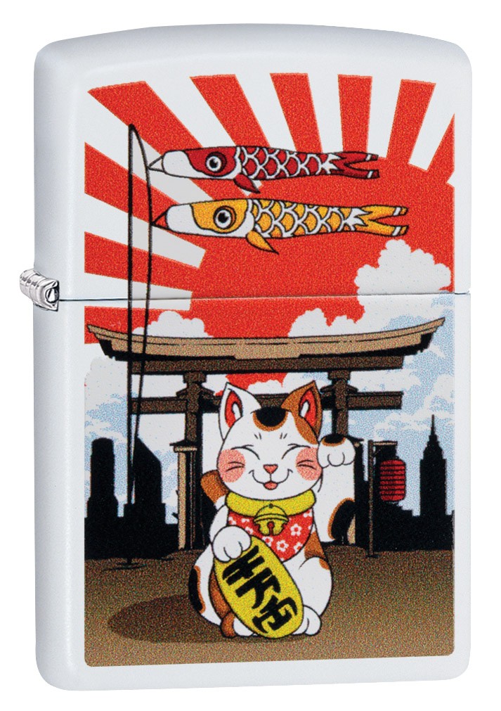 Zippo Lucky Cat Design White Matte Windproof Pocket Lighter, 214-078383