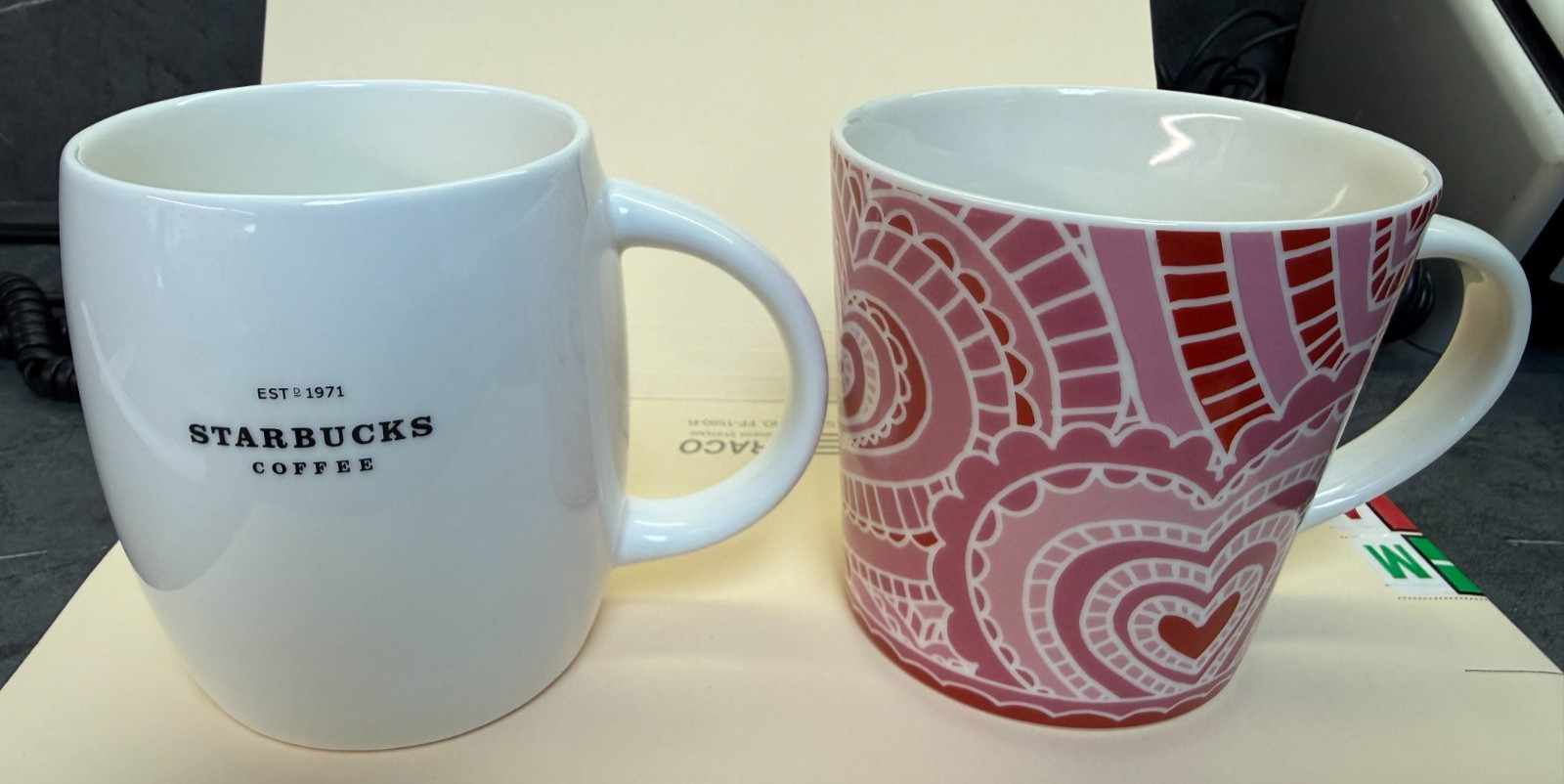 Lot of Two (2) Vintage Starbucks Mugs 2005 Lace Hearts and 2008 Logo Barrel Mug