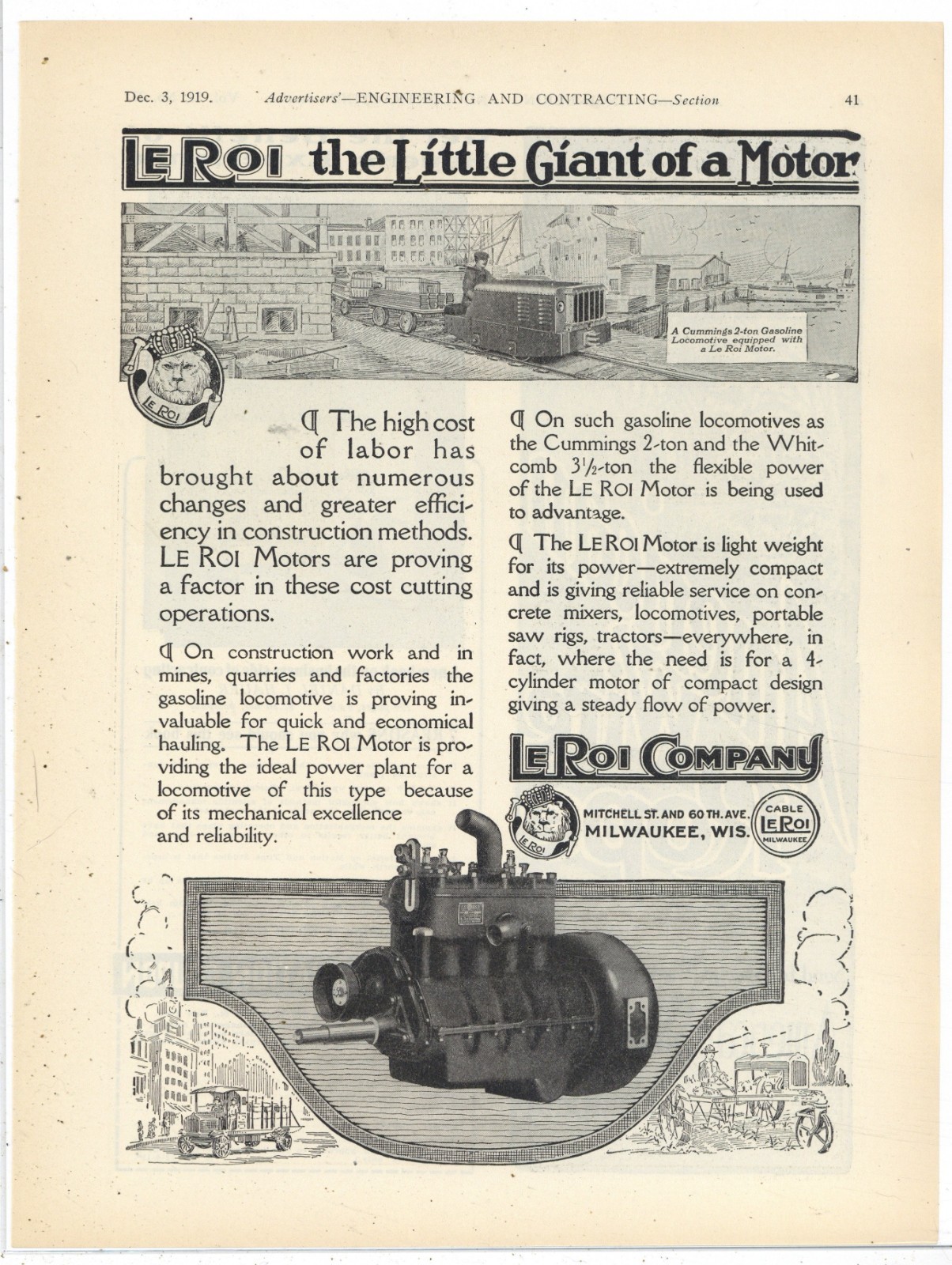 1919 Le Roi Co. of Milwaukee Ad: LeRoi Motor on Cummings & Whitcomb Locomotives