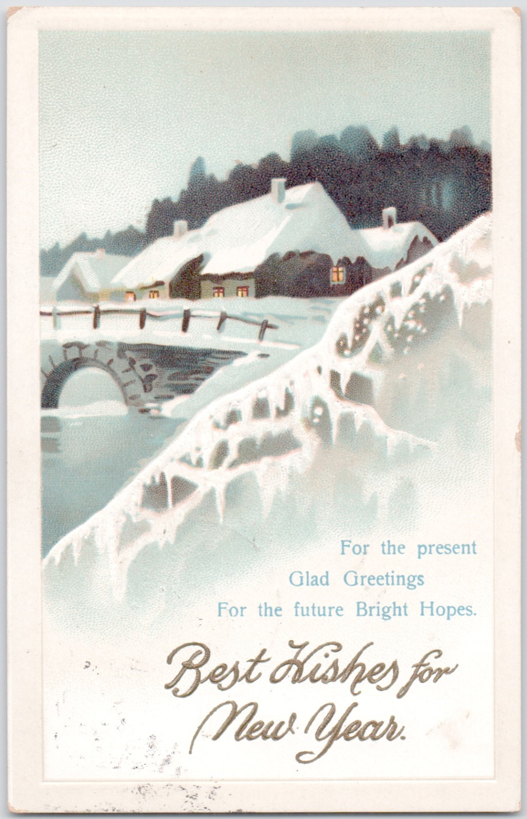 Vintage Happy New Year Gretting Wish Bridge Snow Embossed 1912 Antique Postcard