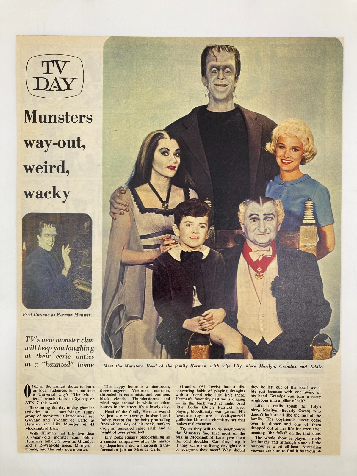 Vintage 1960s The Munsters TV Magazine Page Fred Gwynne Cast Photo Australia
