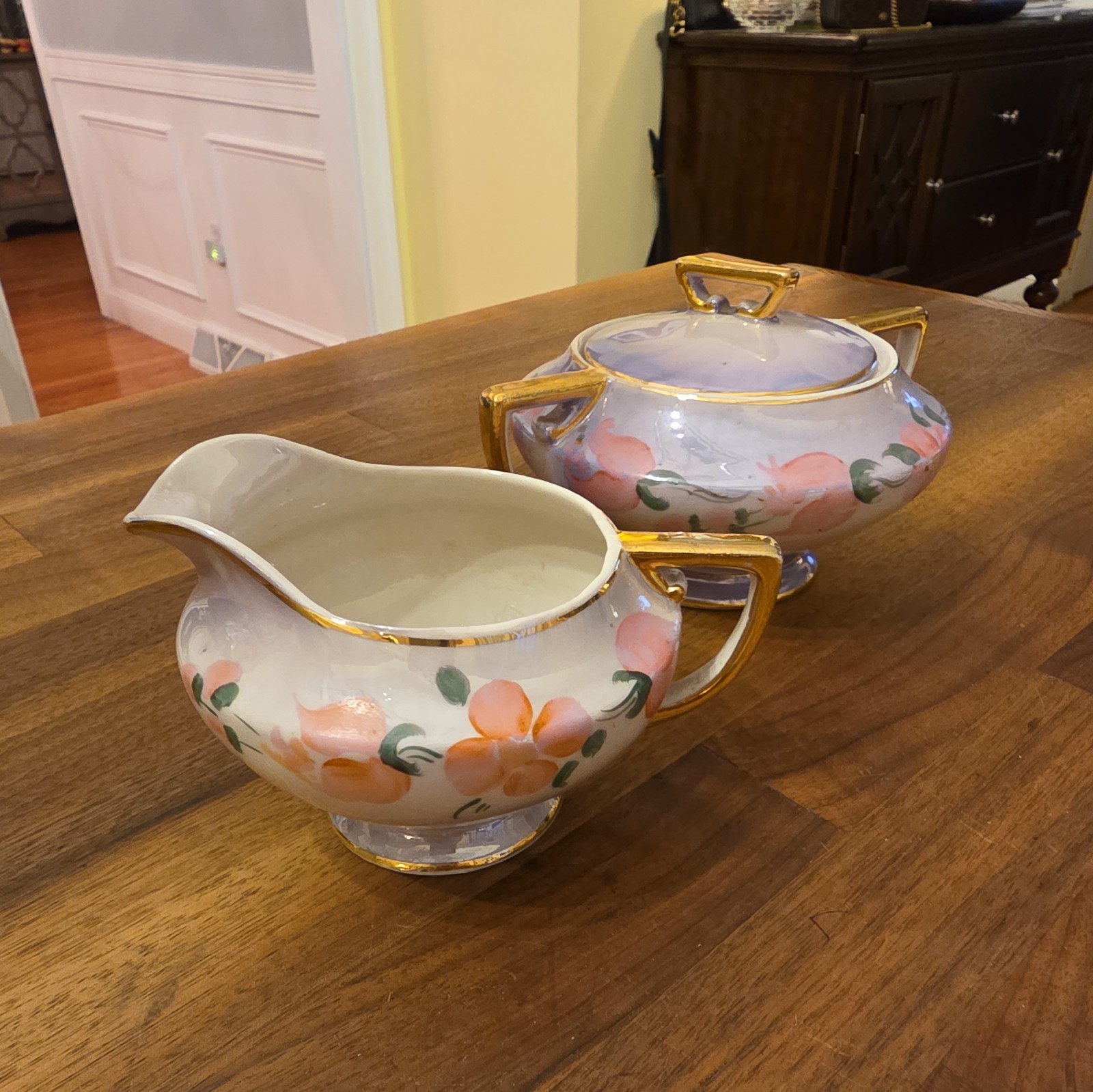 Vintage Sebring Ohio Pottery Covered Sugar Bowl and Creamer, Painted Pink Floral