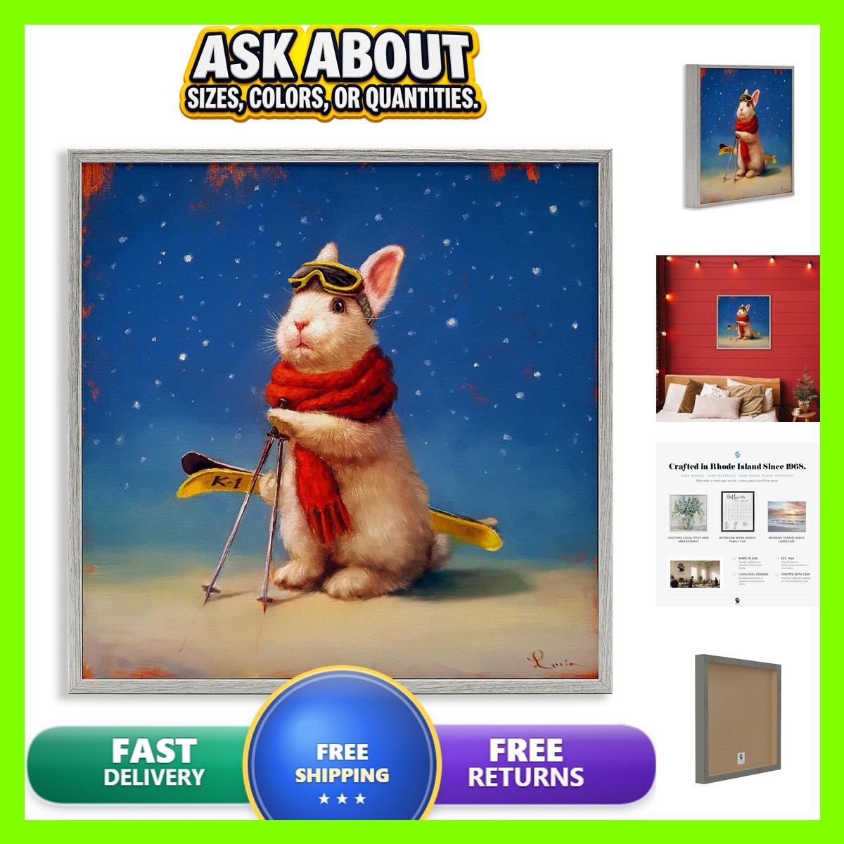 Stupell Industries 'first Snow Bunny & Skis' Framed Giclee Art by-434_gff_24x24