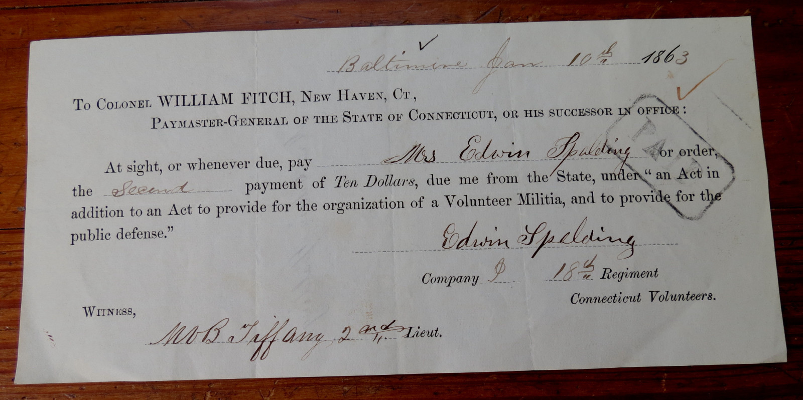 CIVIL WAR PAYMENT VOUCHER - EDWIN SPALDING 18th CT Reg. 1863