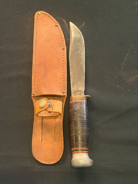 Vintage Marbles Gladstone Mich Expert Hunting Knife Stacked Leather Sheath