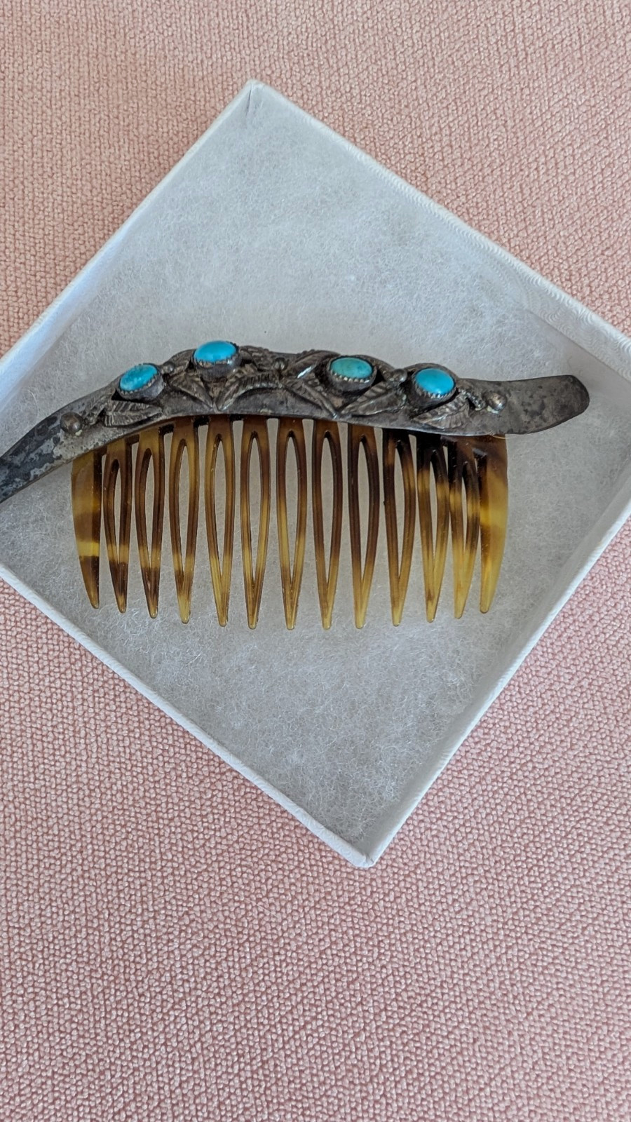 Vintage Turquoise Tone Hair Comb Tortoise Shell Silver Tone Modele Depose