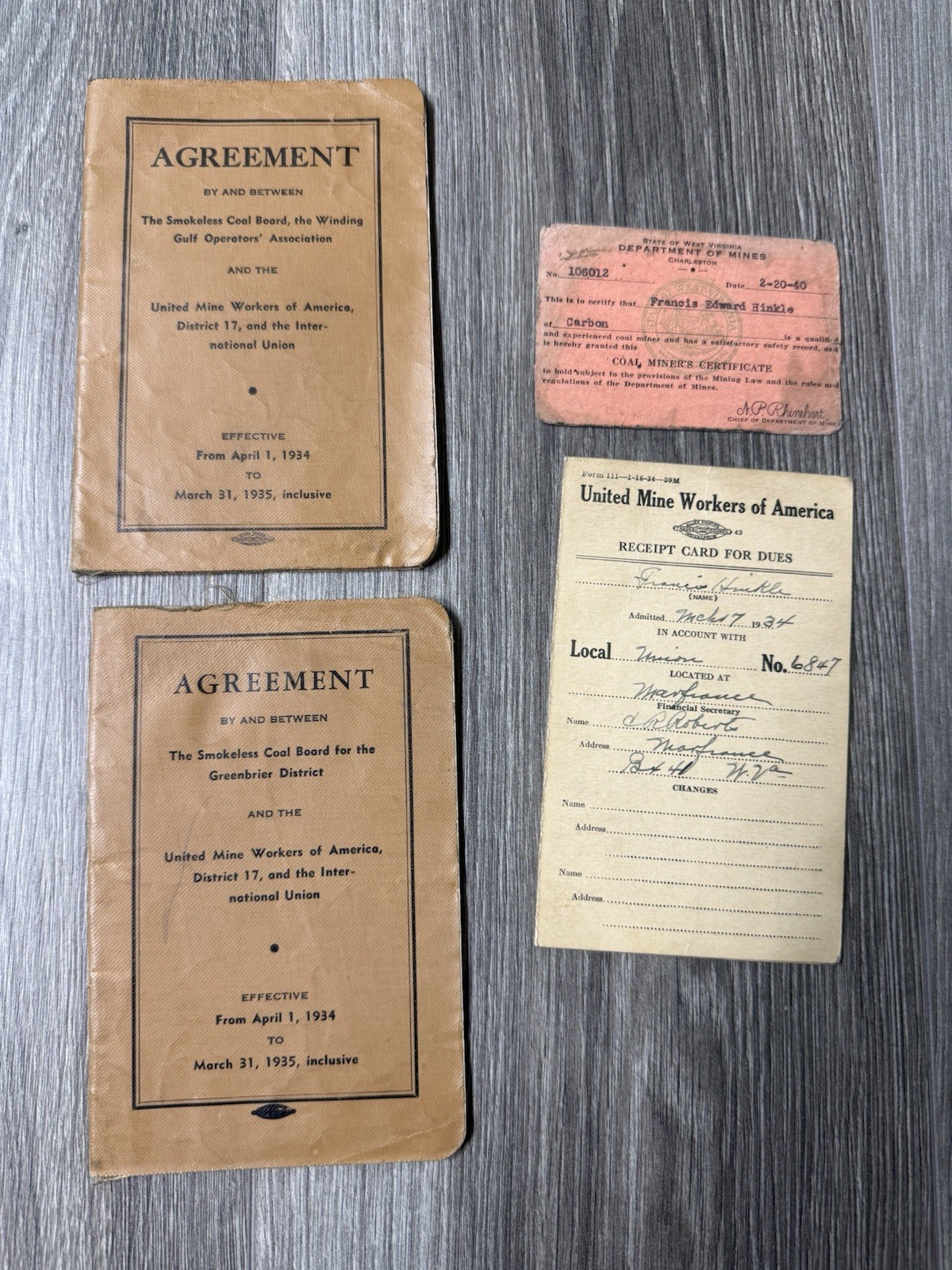 Vtg United Mine Workers Union Agreement, Miners Certificate & Dues Book 1930’s
