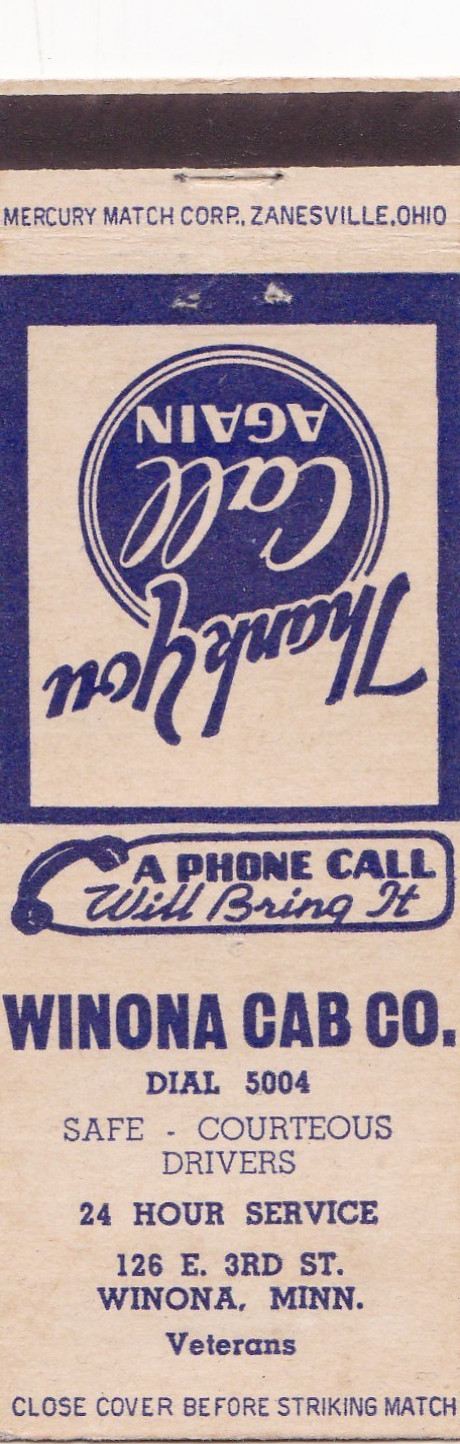 Winona Cab Company Winona Minnesota Matchbook 1940\'s