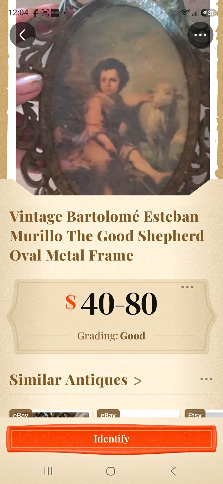 Vintage Ornate Oval Metal Photo Frame, Brown Portrait, Art Print