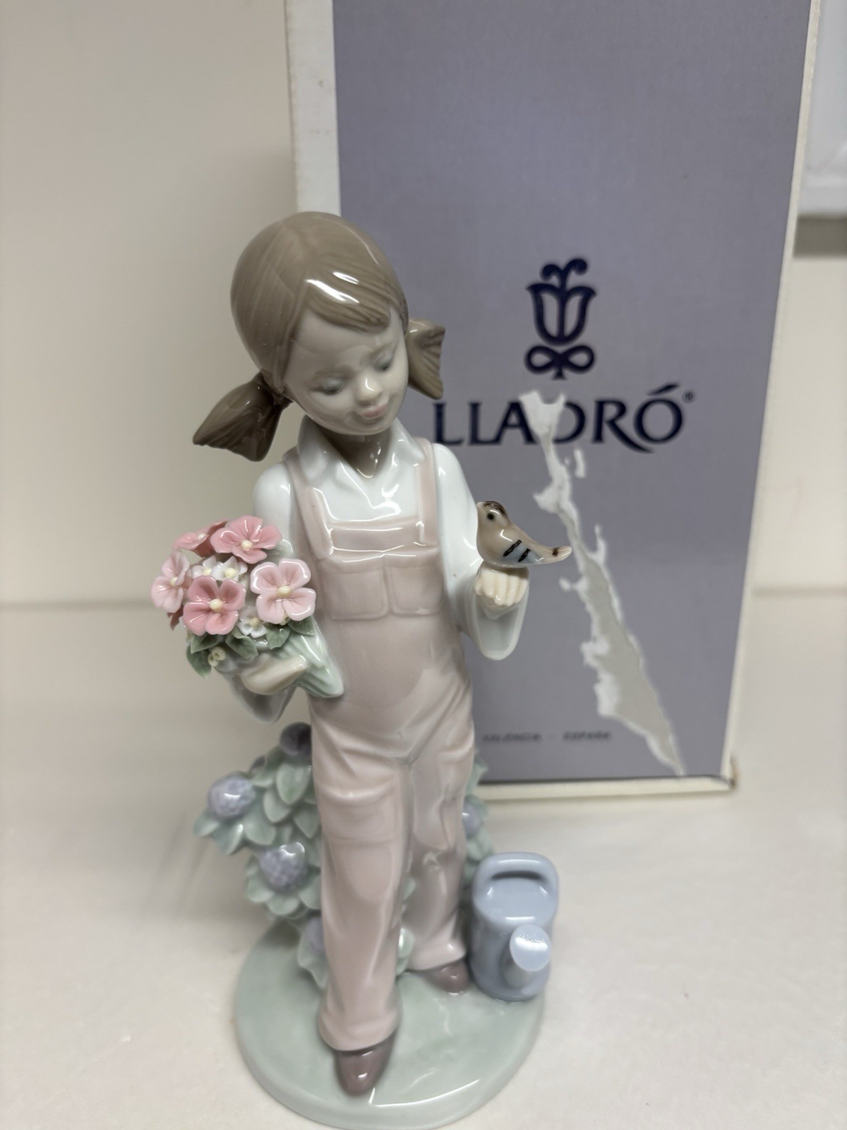Lladro Porcelain Spring Girl Bird & Watering Can #5217 Retired with box.