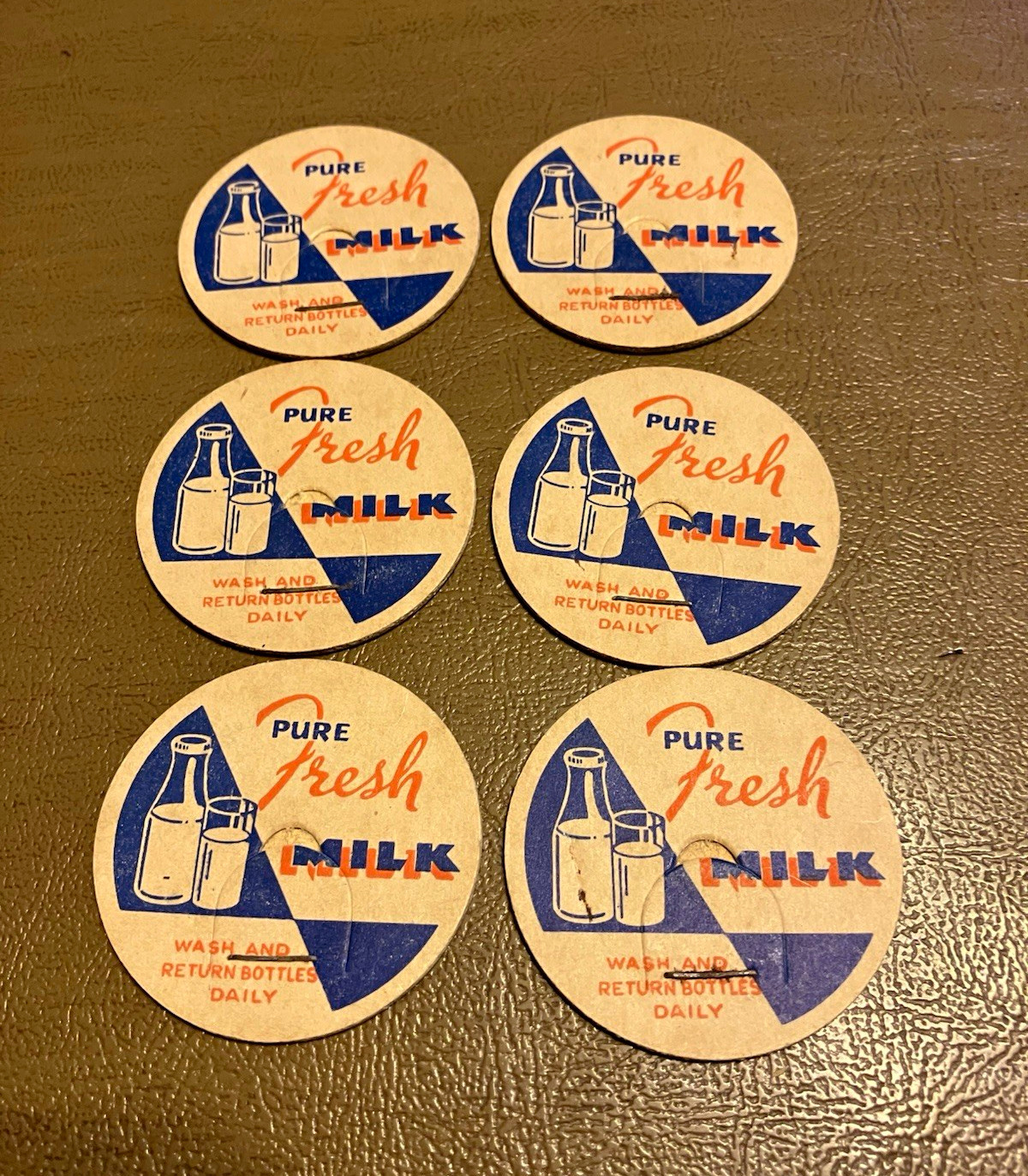 Pure Fresh Milk Dairy Advertising Bottle Caps Lot of 6 Blue/White/Red