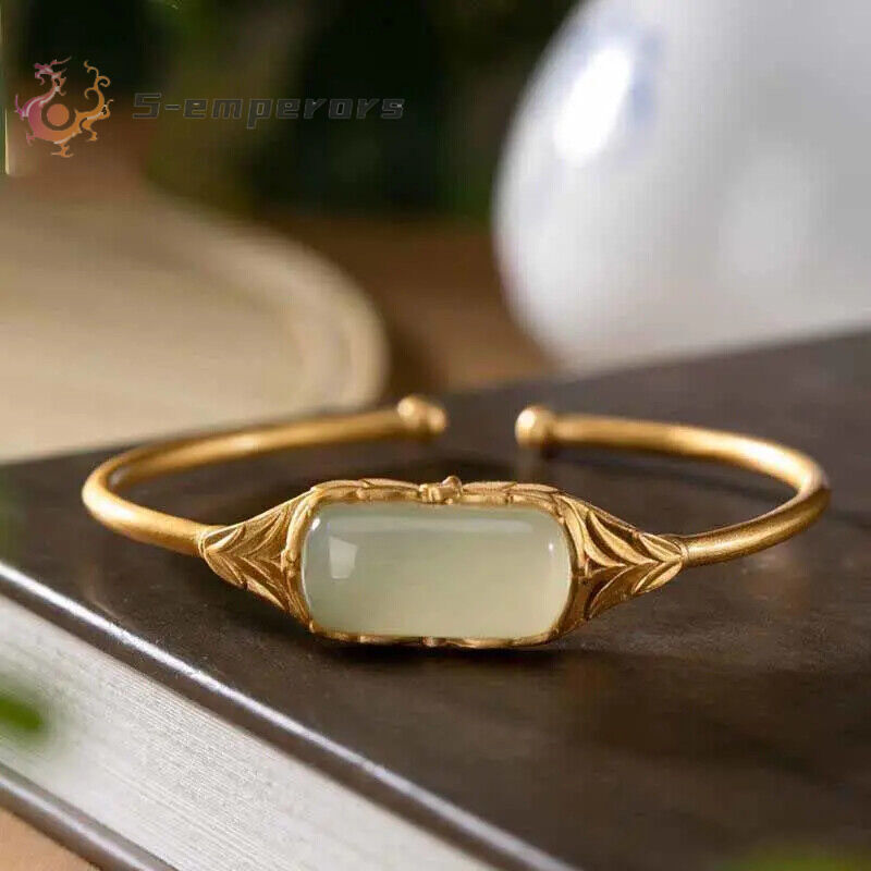 S925 Sterling Silver Natural Hetian Jade Green Jade Bamboo Leaf Bracelet Women's