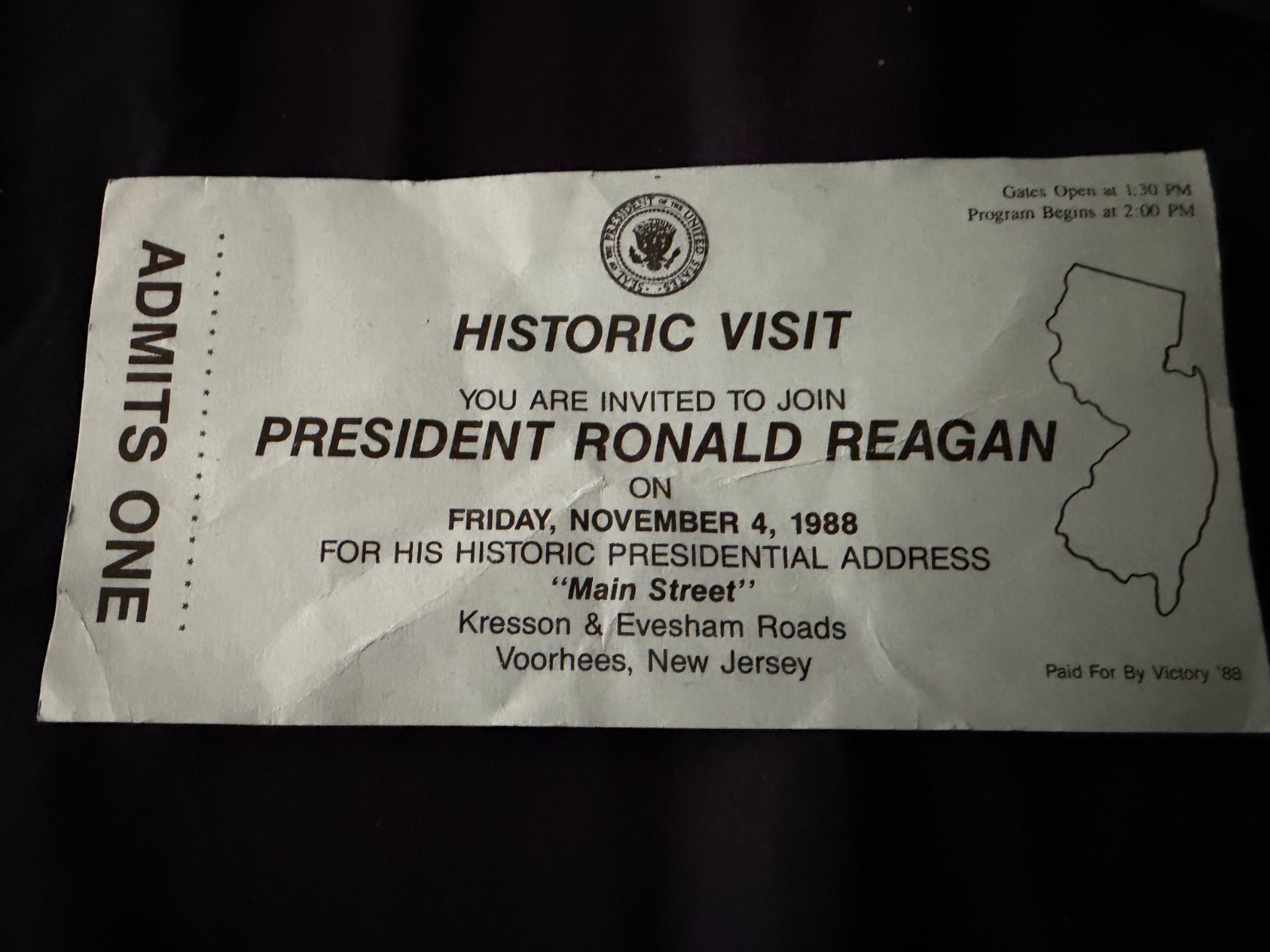 President Ronald Reagan Historic Visit ticket - Voorhees, NJ - November 1988