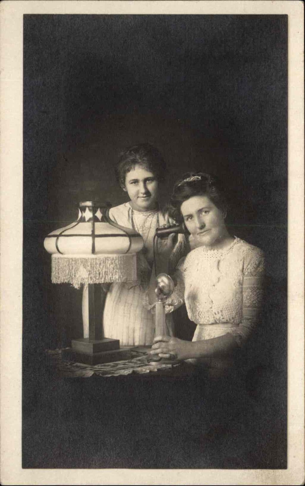 STUDIO PORTRAIT Mother and Daughter on Early Telephone Antique RPPC