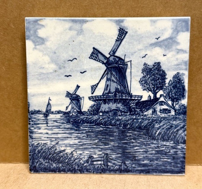 Vintage Dutch Delft Blue Tile Mid Century Two Wind Mills with Sail Boat 4 1/4 \