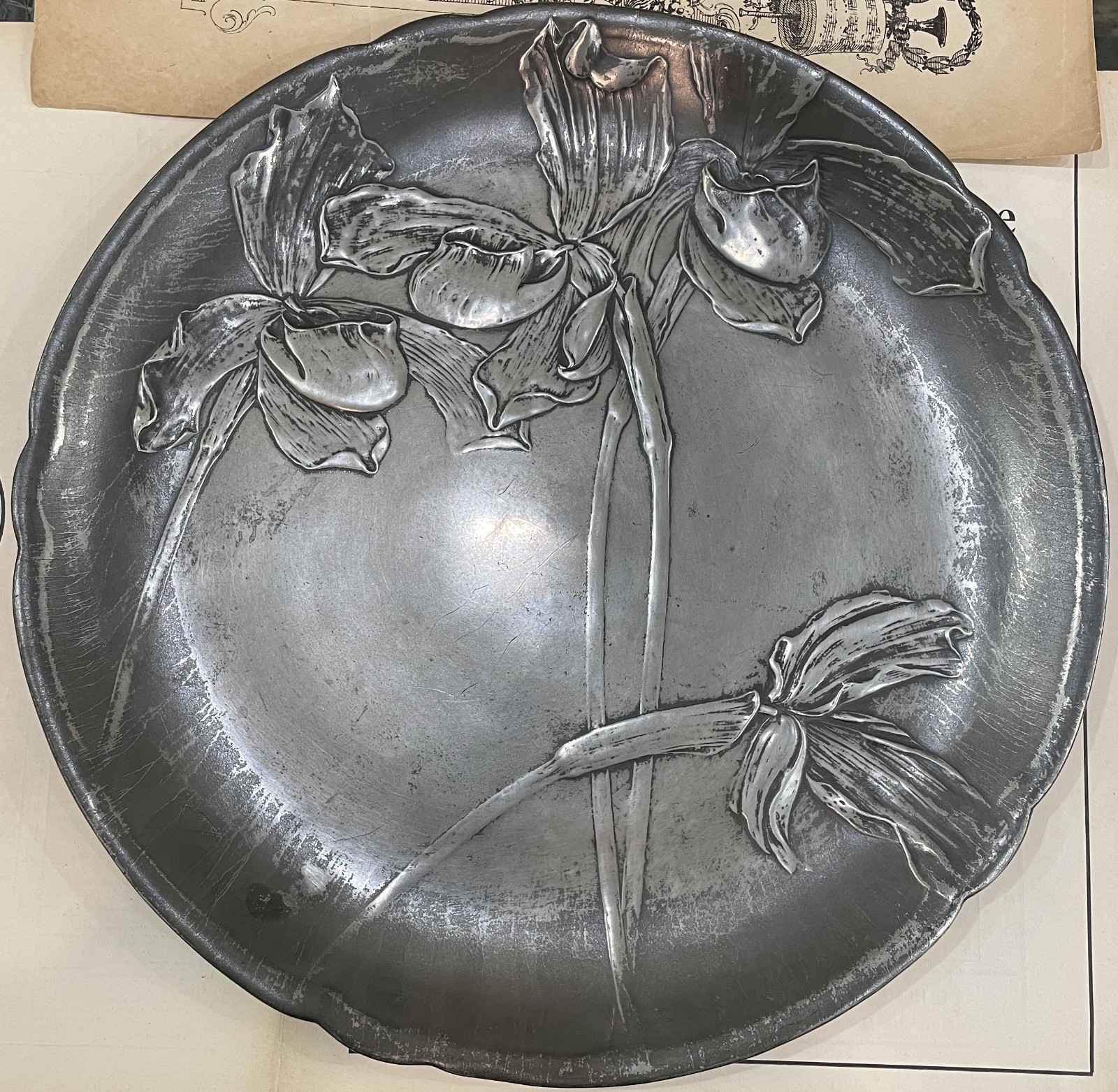Large Antique German Art Nouveau Pewter Tray Flowers Kayserzinn c1900