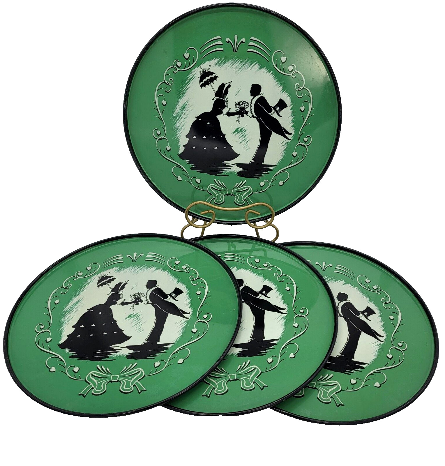 Vtg Metal Lithograph 4 Trays Platter Round Courting Victorian Couple Silhouette