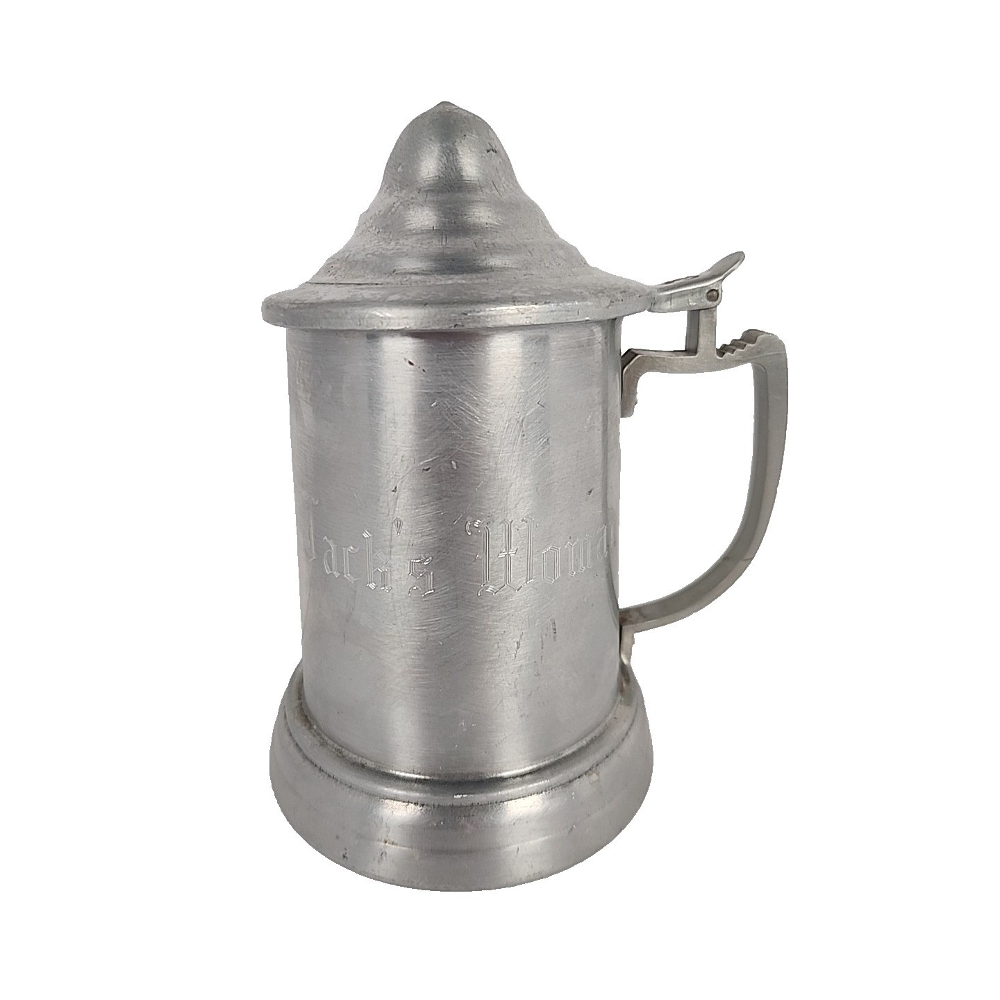Vintage Apex Quality Aluminum Beer Stein Glass Bottom Lidded Tankard Engraved