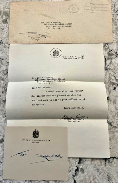 1961 John Diefenbaker Signed Card Autographed with Letter Prime Minister Canada