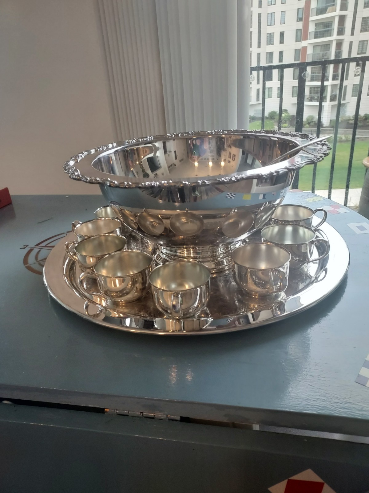 Vtg Oneida Silver Plate Punch Bowl Du Maurier Platter 12 Cups Ladle Used No Box
