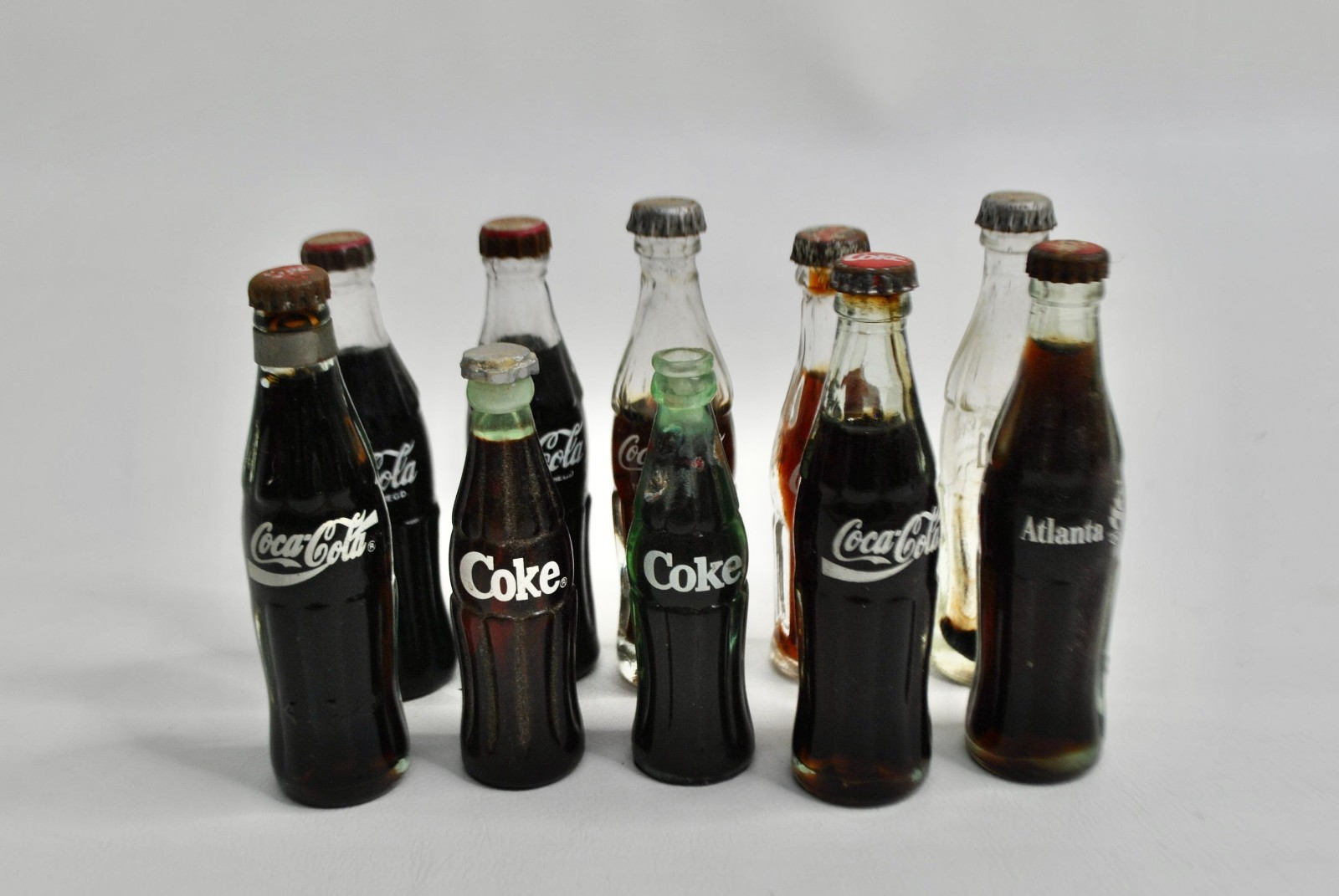 VTG 70'S MINIATURE COCA-COLA MINI GLASS BOTTLES SET OF 10 2.5 inches tall