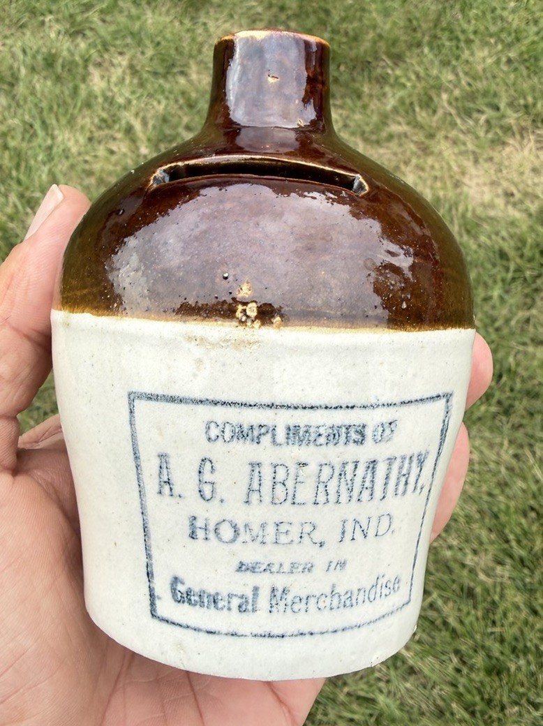 Antique Half Pint Advertising Mini Jug Bank A. G. Abernathy Store Homer Indiana