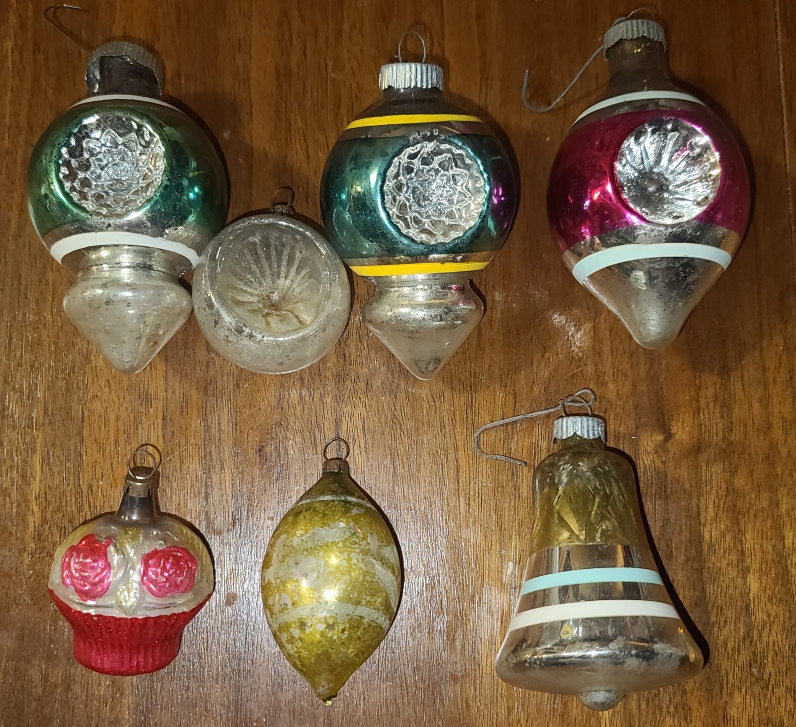 Vintage Glass Christmas Ornaments Lot 7 Indent Reflector Bell Cupcake Teardrop