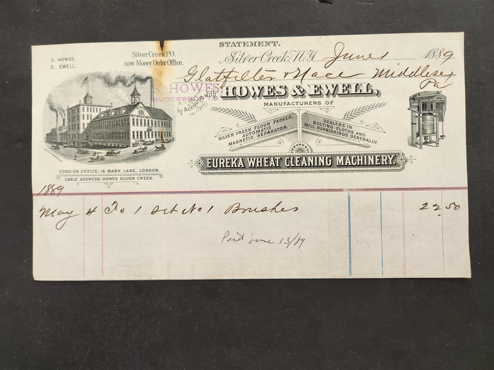 1889 antique HOWES & EWELL silver creek ny BILLHEAD eureka wheat cleaning mach