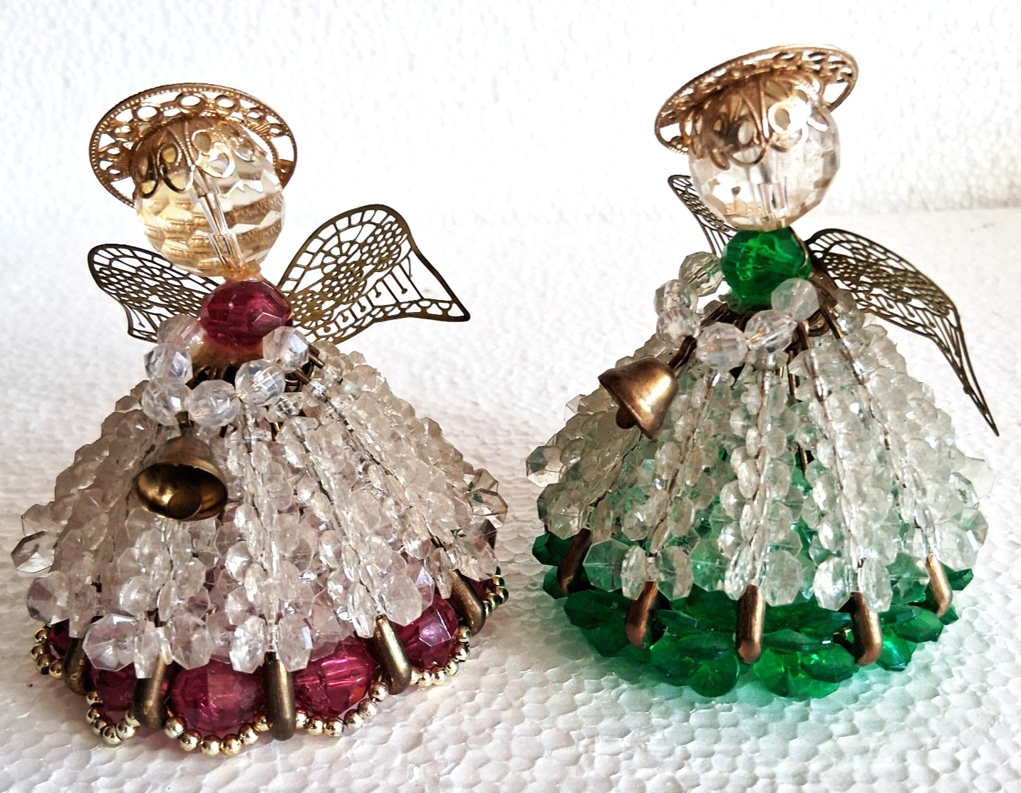 2 Handmade Vintage Beaded Safety Pin Angels Christmas Ornaments Green & Pink