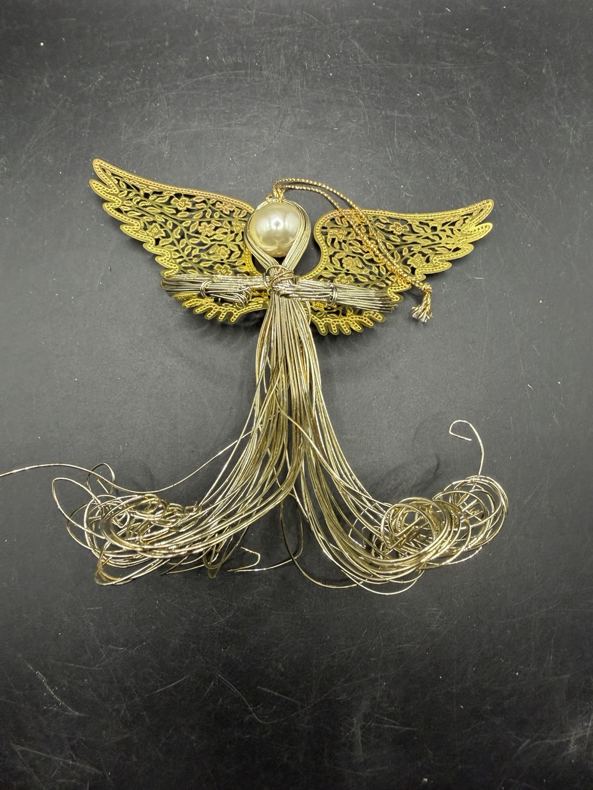 Vintage Gold Wire Angel Christmas Ornament Faux Pearl Filigree Wings 5\