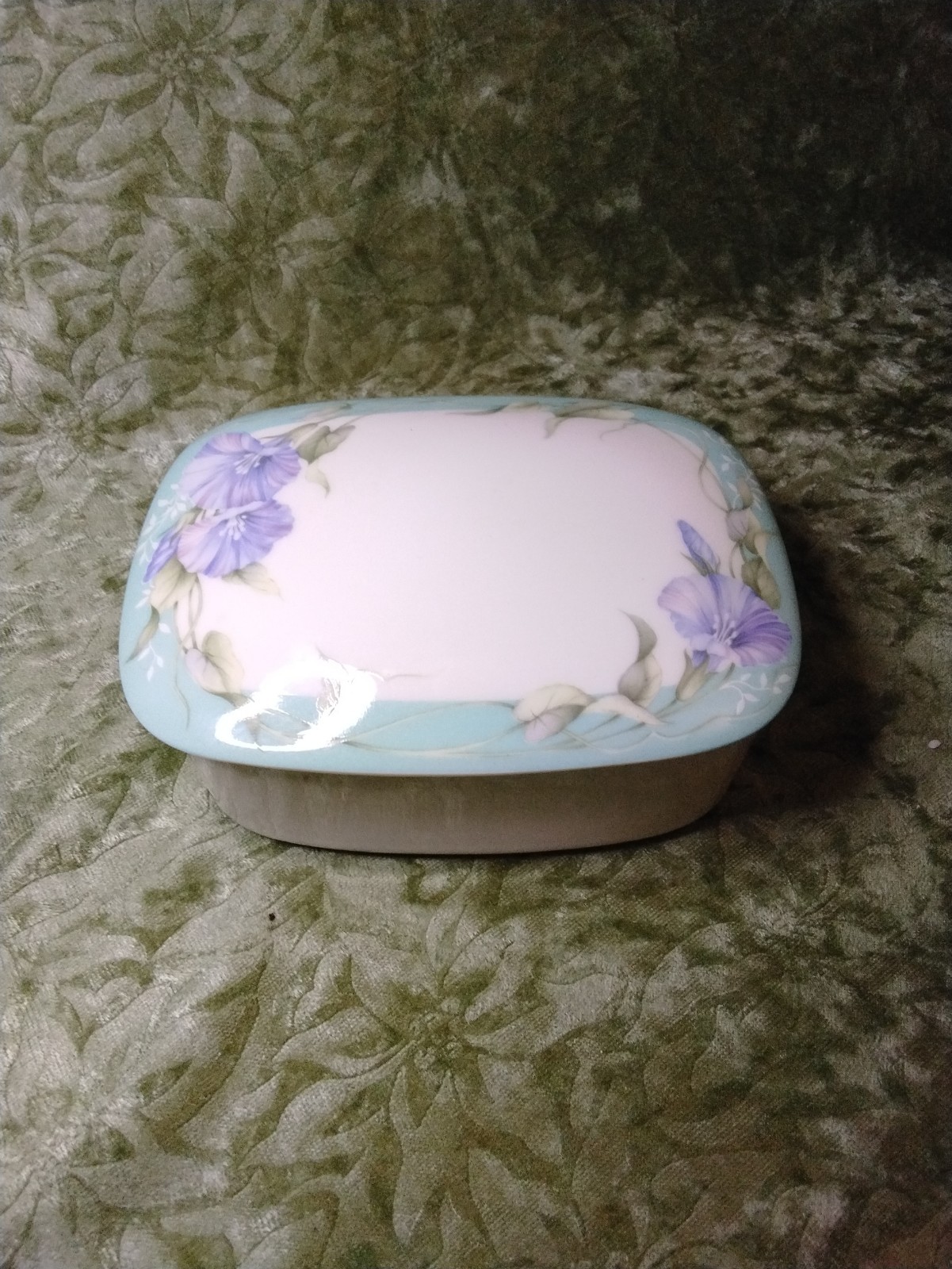 Mikasa Thank You Vintage Porcelain Lidded Trinket Box Blue Purple Morning Glory