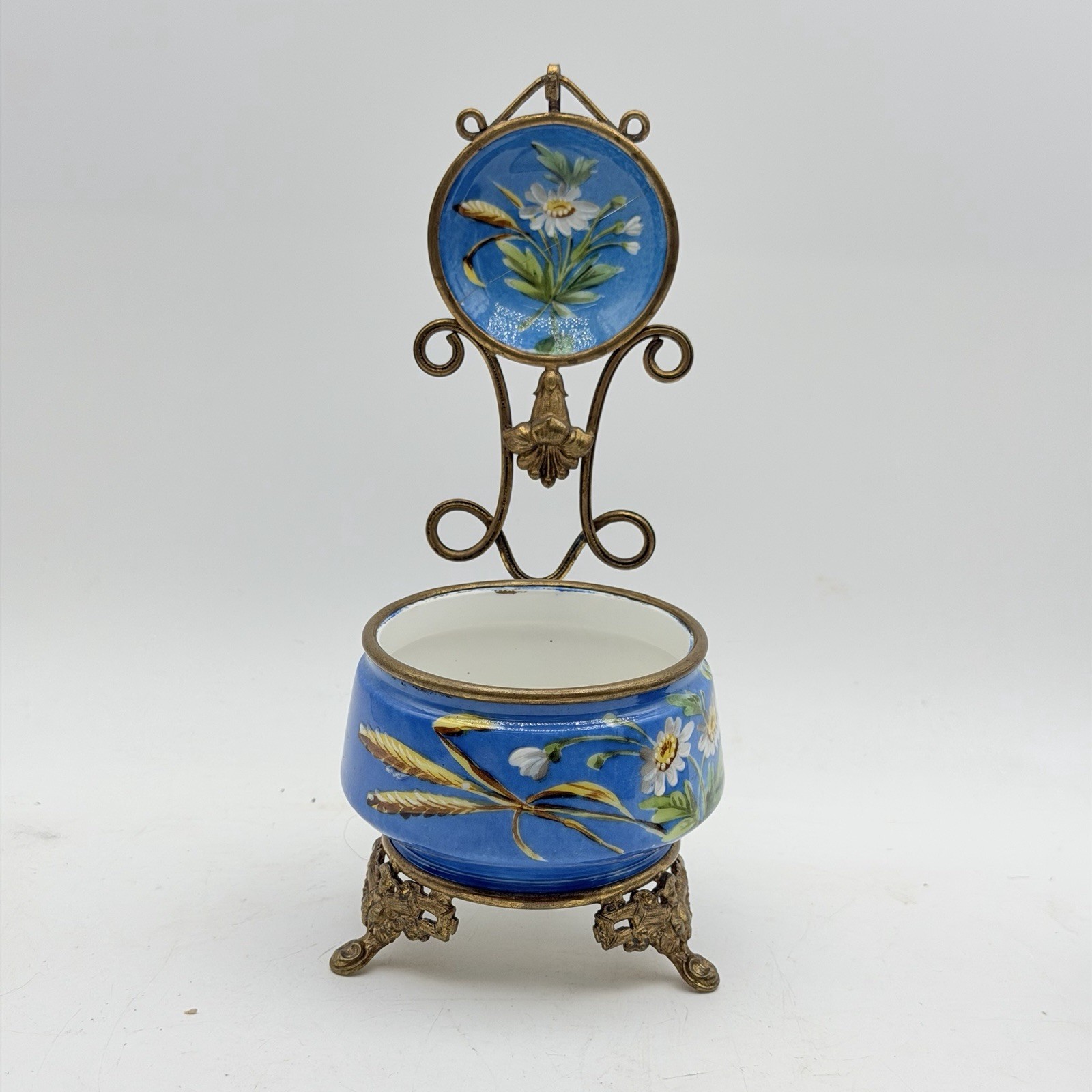 Antique Victorian Blue Floral Porcelain Pocket Watch Holder Jewelry Dish Flaw