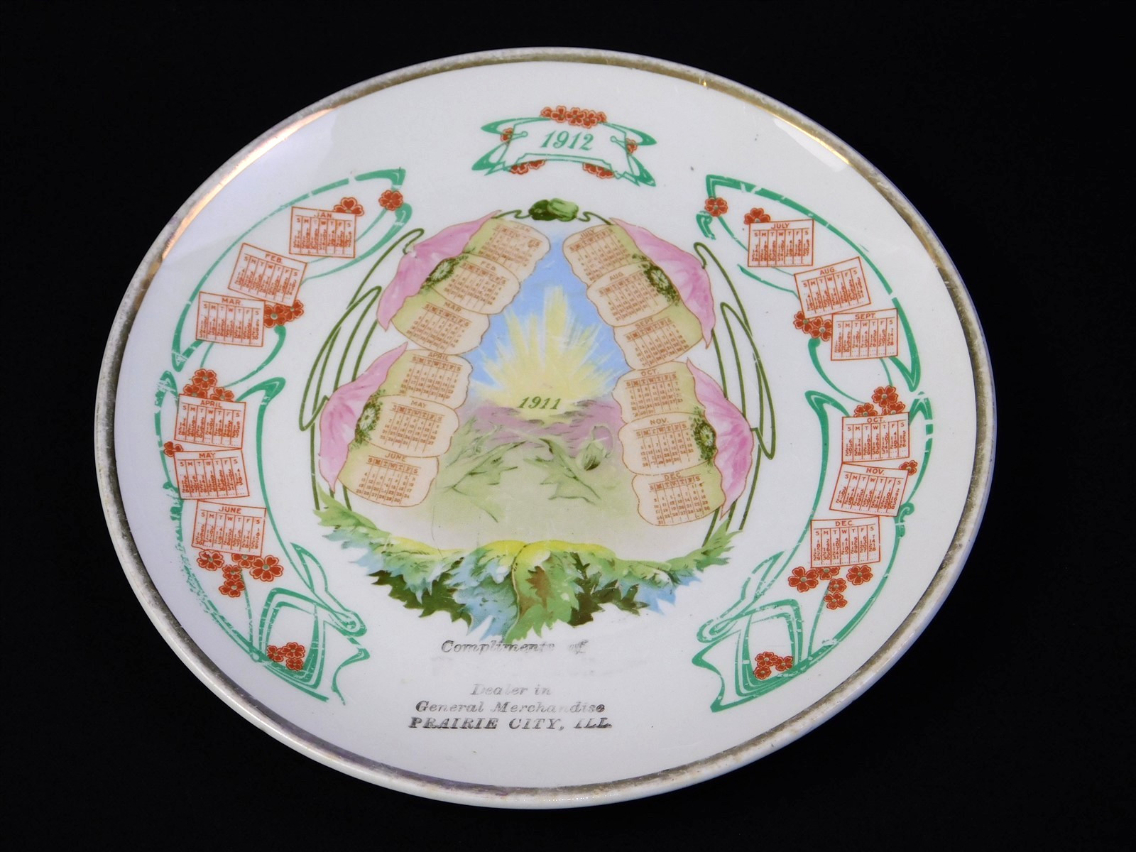 Antique 1911 1912 W. A Jewell Prairie City IL Calendar Souvenir Plate 8.5