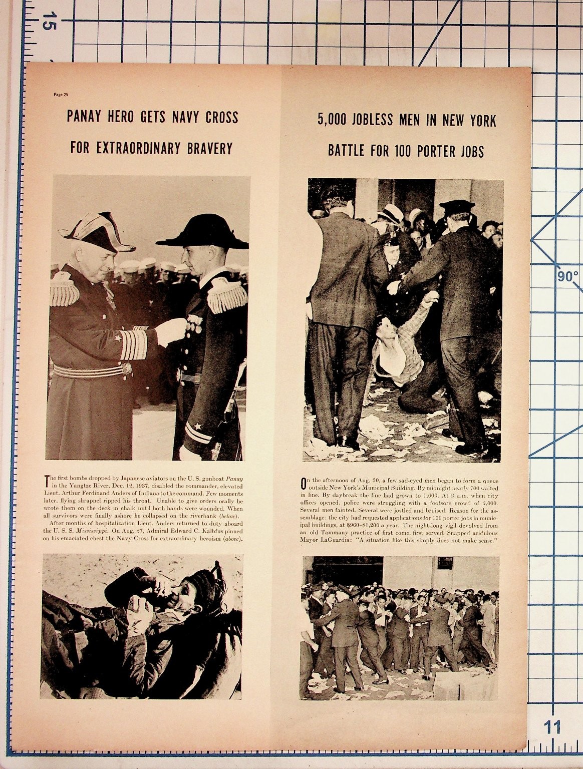1938 Panay Incident Hero Navy Cross & NYC Jobless Riot Vintage Magazine Page