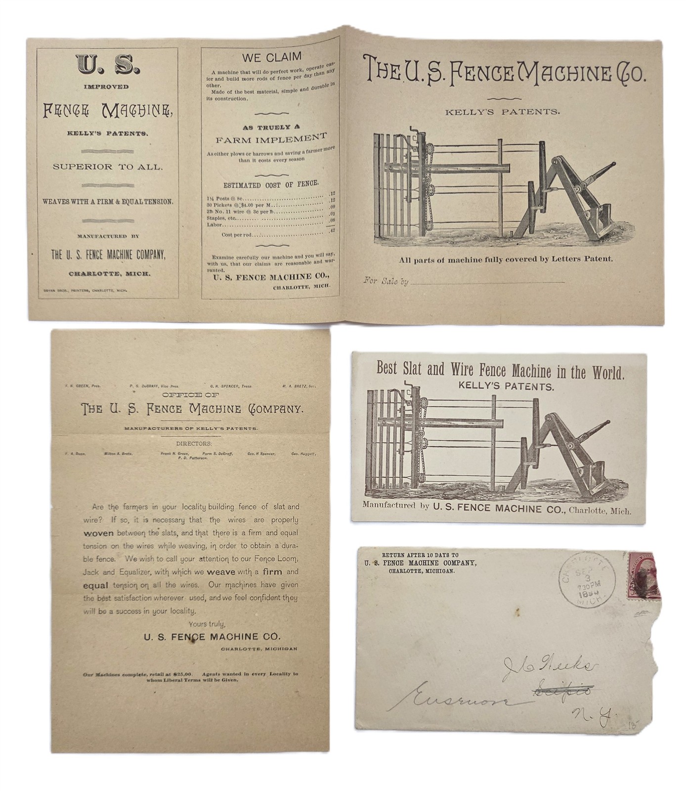 c1884 antique U.S. FENCE MACHINE CO charlotte mi KELLY'S PATENTS lot FARM AD